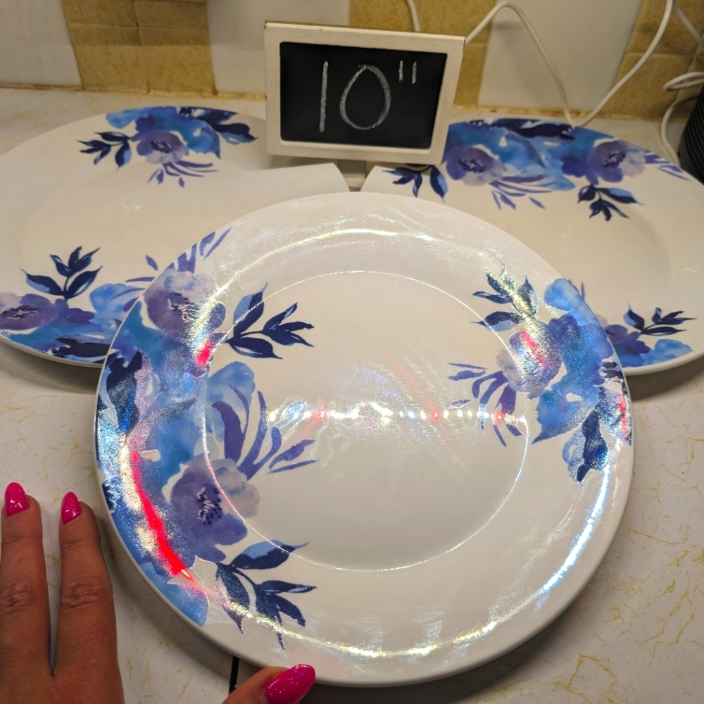 Orly Maison lot 3 white ceramic mixed blue floral print 10"‎ dinner plates